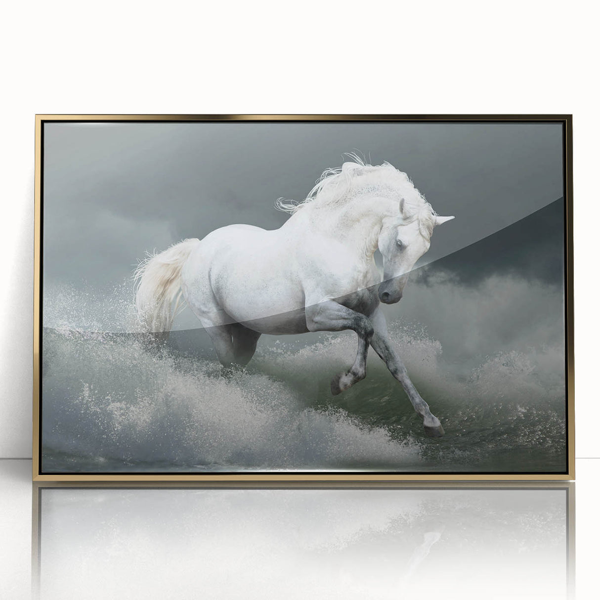 Framed wall art featuring a striking gold-accented design of a wild horse in a scenic backdrop, perfect for equine enthusiasts and home decor.