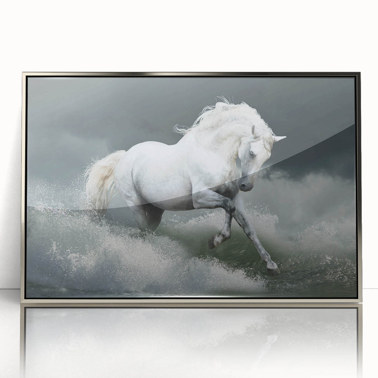 Framed acrylic wall art featuring a stunning silver horse design, showcasing intricate details and vibrant colors, perfect for adding elegance to any space.