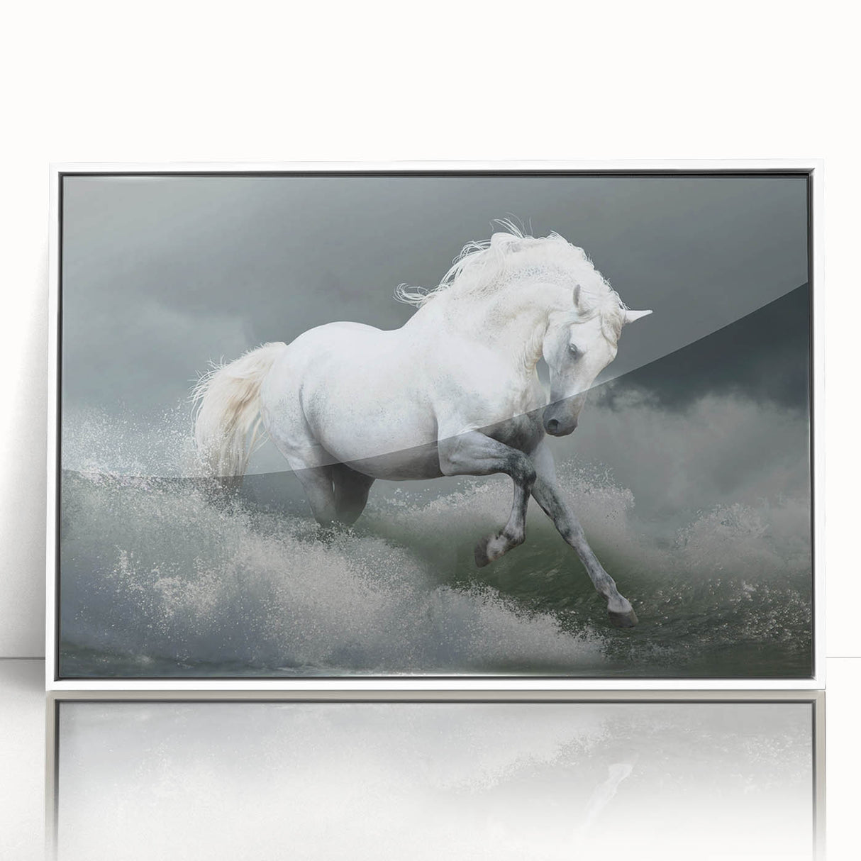 Framed wall art showcasing a minimalist horse design with a white border, perfect for adding elegance to home decor. This acrylic piece emphasizes clean lines and modern aesthetics.