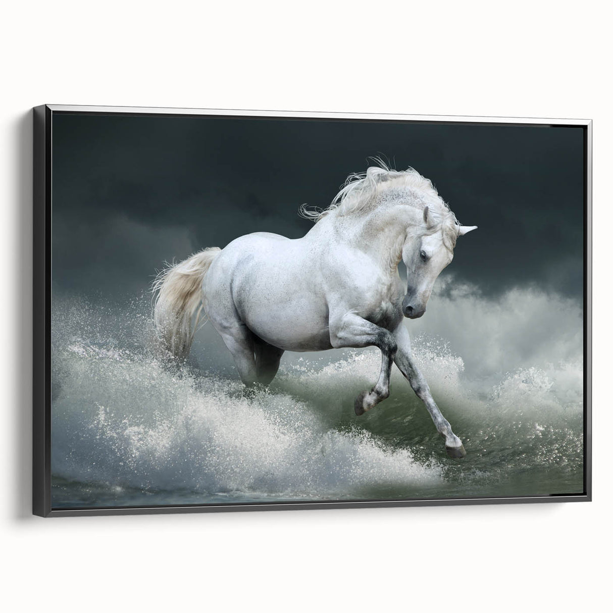 Framed canvas wall art featuring a sleek black horse design in profile, showcasing elegant lines and vibrant colors, perfect for animal lovers and modern decor.