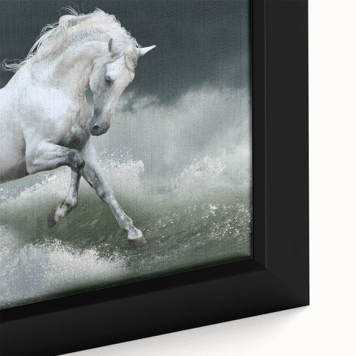 Close-up view of a framed wall art piece showcasing a vibrant horse design, featuring rich colors and intricate details on canvas, perfect for animal lovers.
