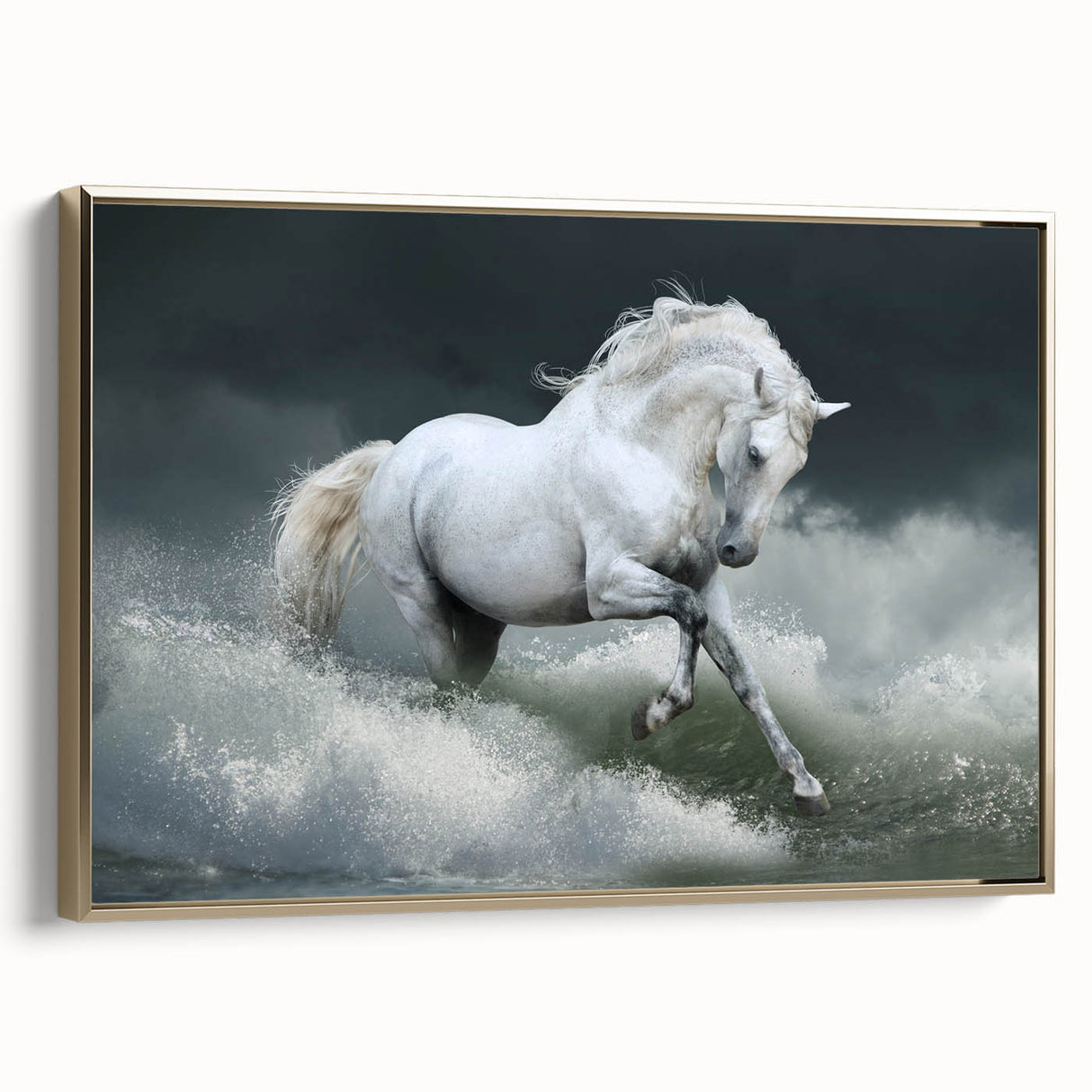Framed canvas wall art showcasing a majestic golden horse in profile, with intricate details and vibrant colors, perfect for animal lovers and home decor enthusiasts.