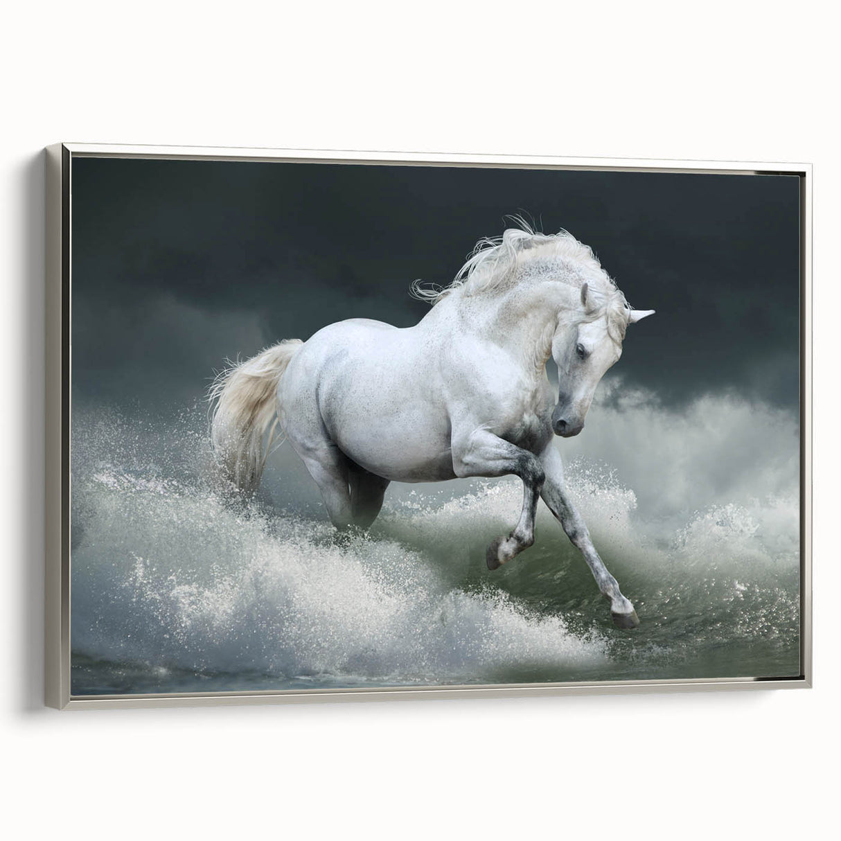 Framed wall art featuring a stunning silver horse design in a side view, perfect for equestrian enthusiasts, adding elegance to any room decor.