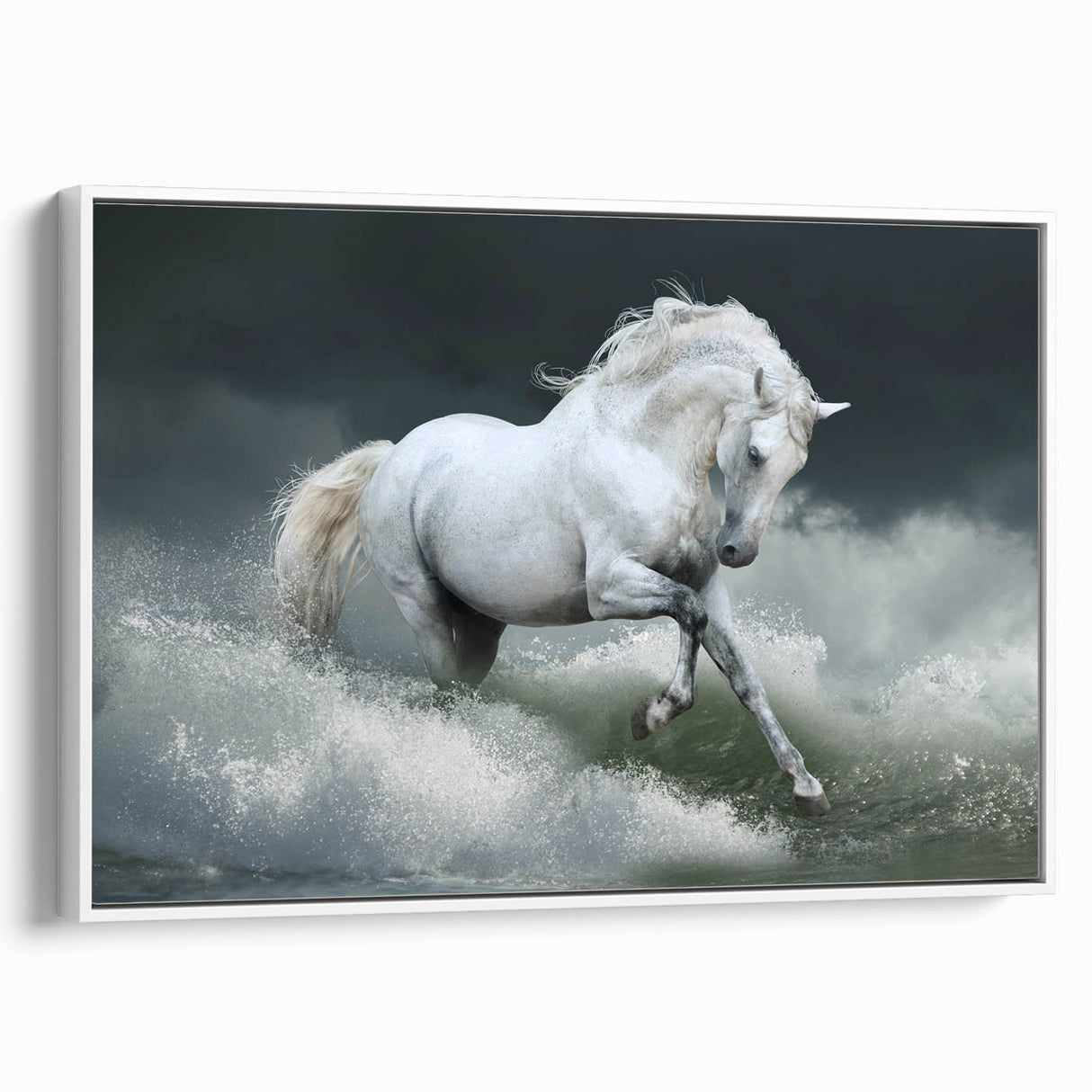 Framed canvas wall art featuring a stunning side view of a horse in a wild landscape, showcasing earthy tones and dynamic brush strokes, perfect for nature enthusiasts.