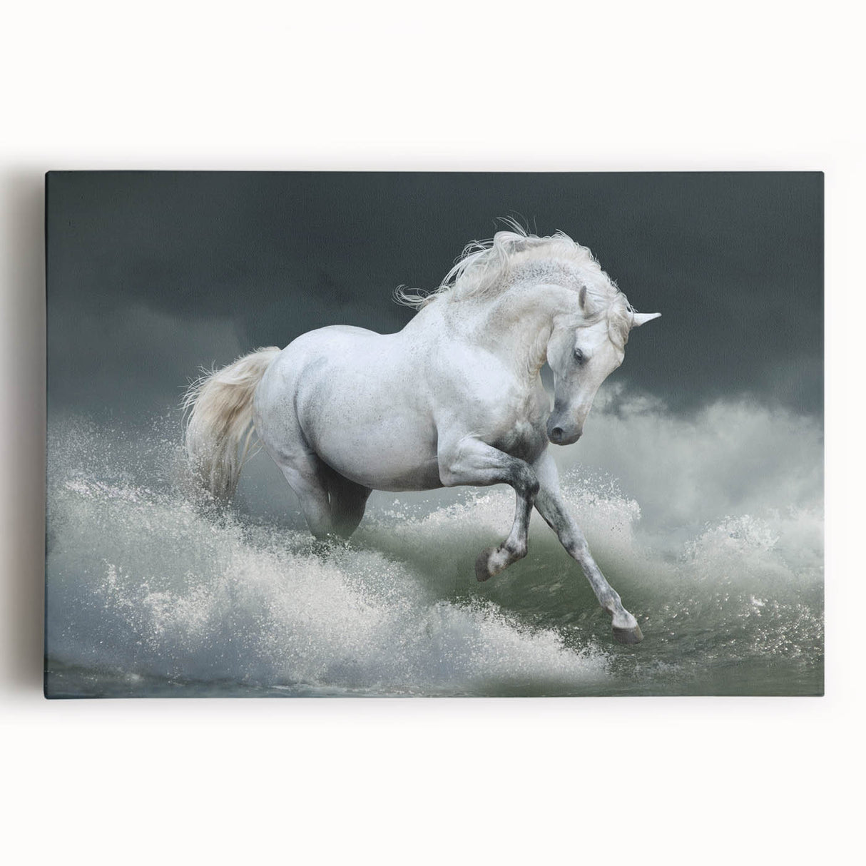 Stretched canvas wall art showcasing a front view of a majestic horse in a wild landscape, featuring vibrant colors and intricate details, perfect for animal lovers.