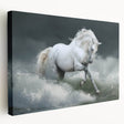 Side view of a vibrant stretched canvas wall art featuring a majestic horse design, showcasing intricate details and rich colors, perfect for animal lovers' home decor.