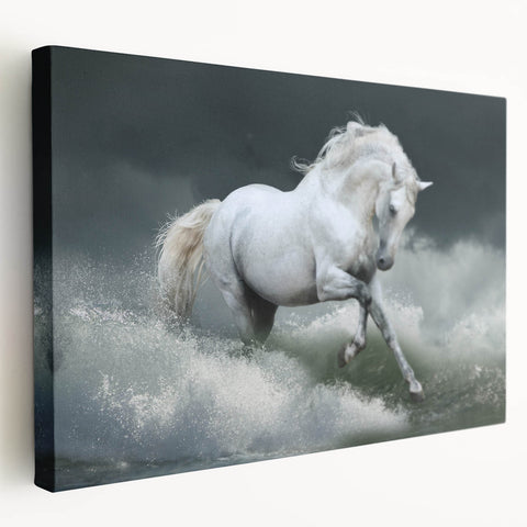 Side view of a vibrant stretched canvas wall art featuring a majestic horse design, showcasing intricate details and rich colors, perfect for animal lovers' home decor.