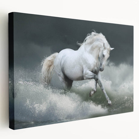 Side view of a vibrant stretched canvas wall art featuring a majestic horse design, showcasing intricate details and rich colors, perfect for animal lovers' home decor.