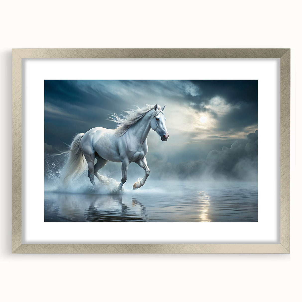 Framed wall art collection showcasing a silver-bordered horse design with a mat, perfect for adding a touch of elegance to home decor. Ideal for animal lovers and art enthusiasts.