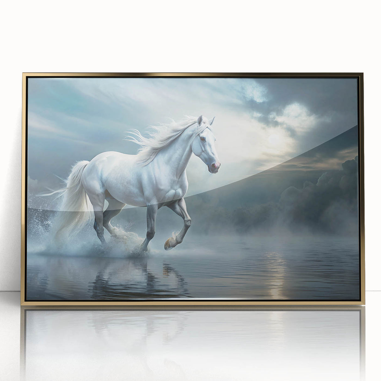 Framed acrylic wall art featuring an elegant horse design in a gold frame, showcasing intricate details and vibrant colors, perfect for animal lovers' decor.