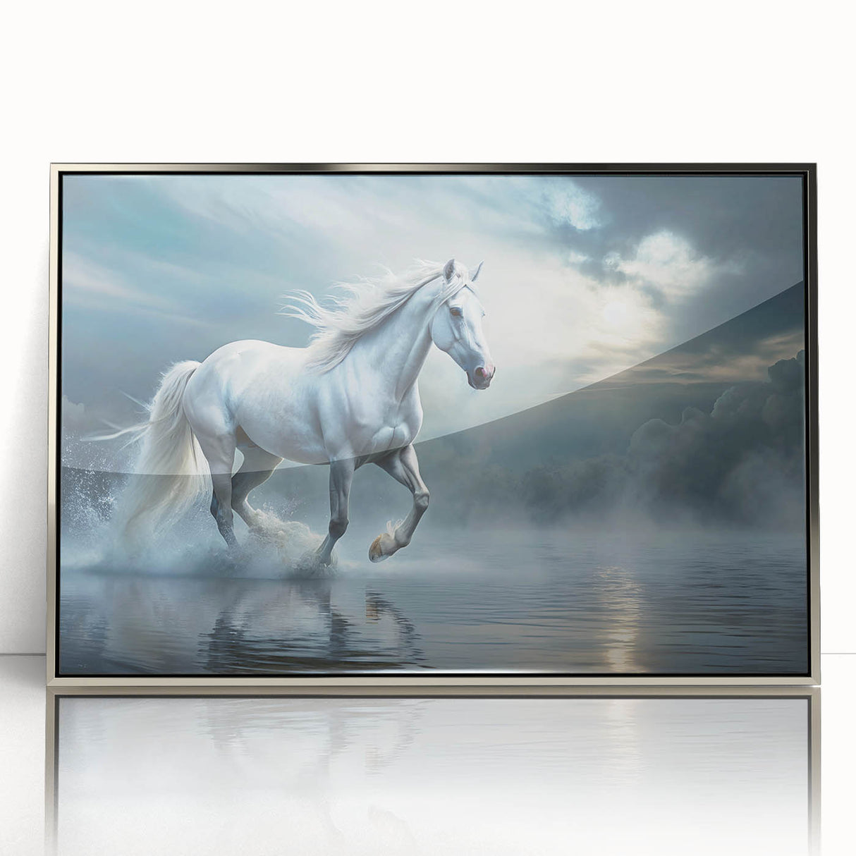 Framed wall art featuring a stunning horse design in vibrant colors, showcasing a silver-acrylic finish that enhances its visual appeal, perfect for home decor.