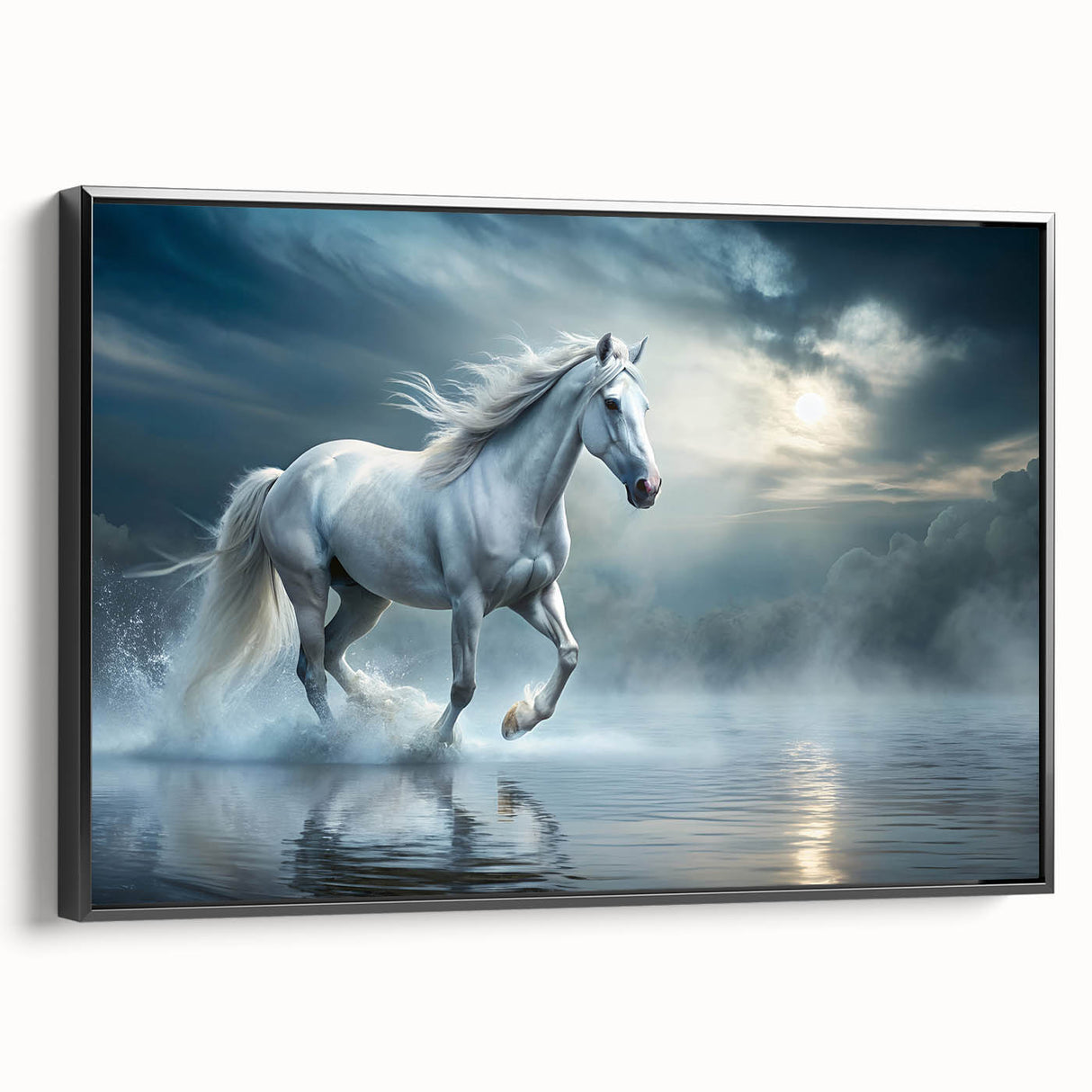Framed wall art showcasing a side view of a majestic horse design, featuring intricate details in black and white, ideal for equestrian enthusiasts and home decor.