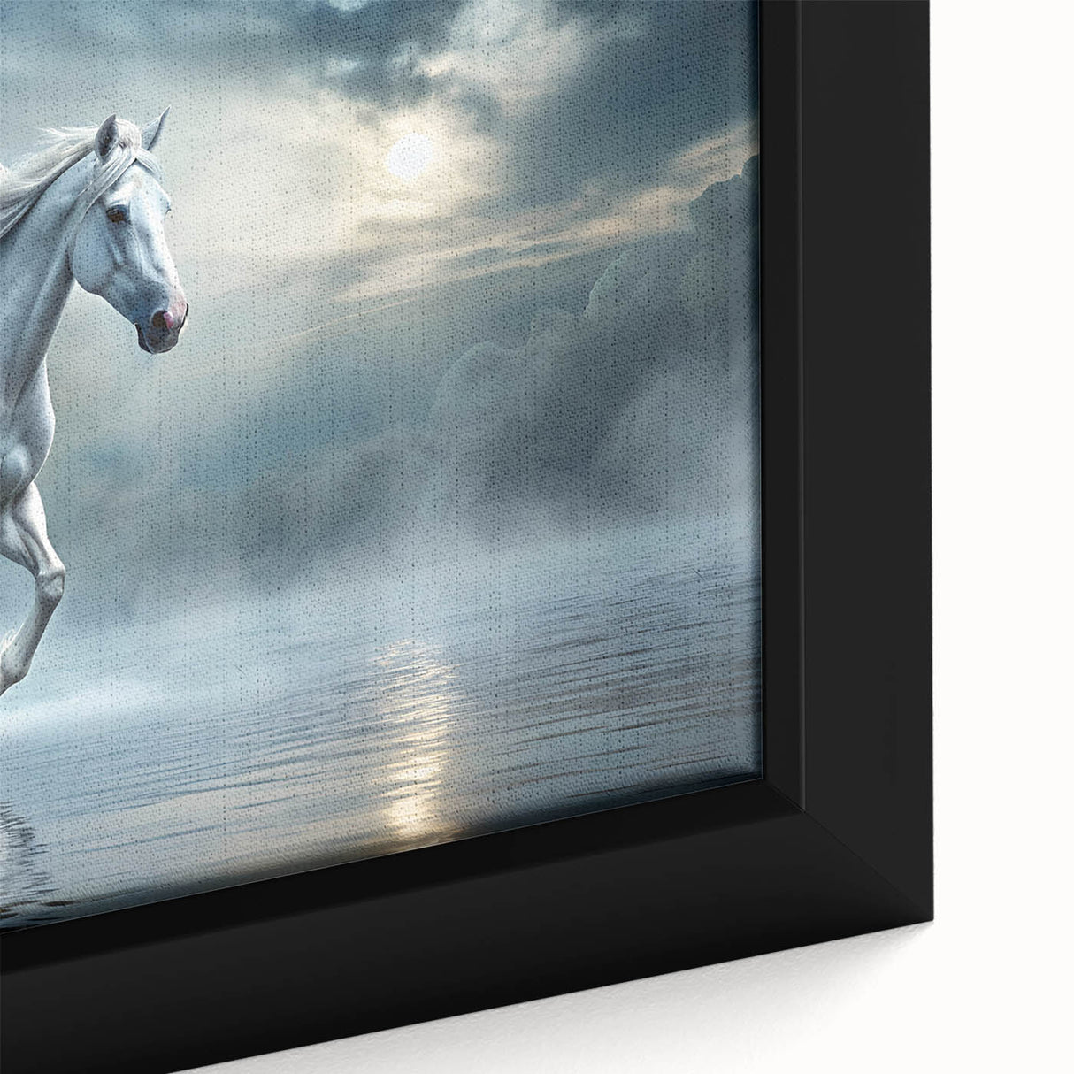 Close-up of a framed canvas wall art featuring a majestic wild horse design, showcasing intricate details and rich colors, perfect for animal lovers and home decor enthusiasts.
