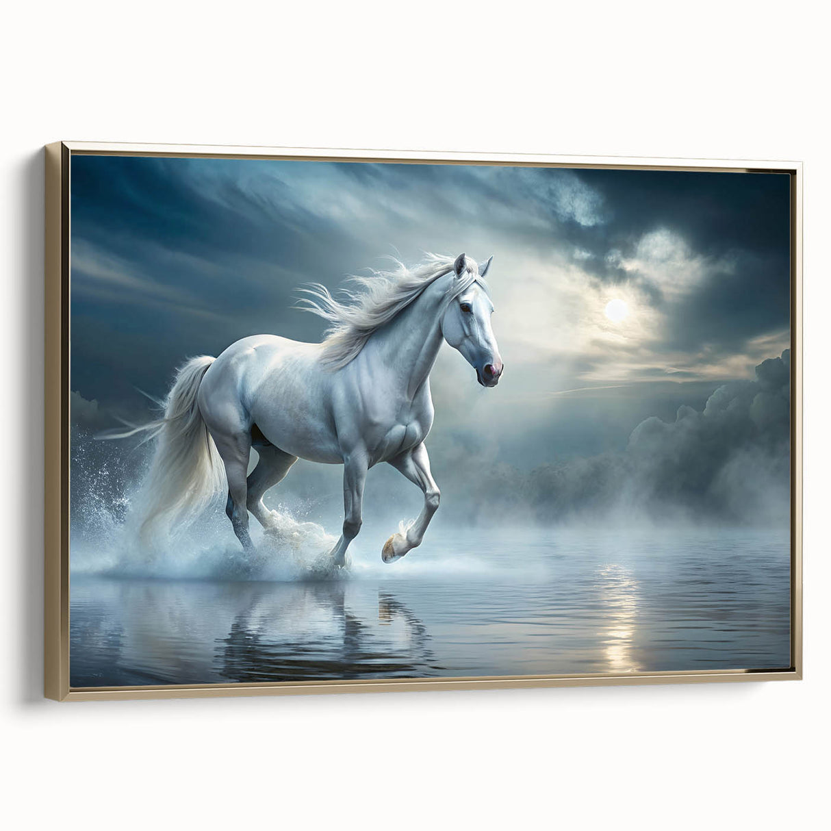 Framed canvas wall art showcasing a majestic horse design in a gold frame, ideal for equestrian-themed decor. Perfect for adding elegance to any room.