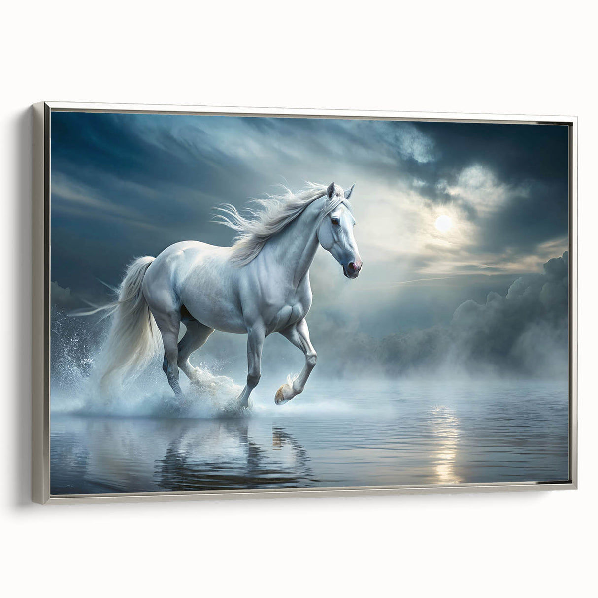 Framed canvas wall art featuring a stunning silver side view of a majestic horse, capturing intricate details and vibrant colors, perfect for home decor enthusiasts.
