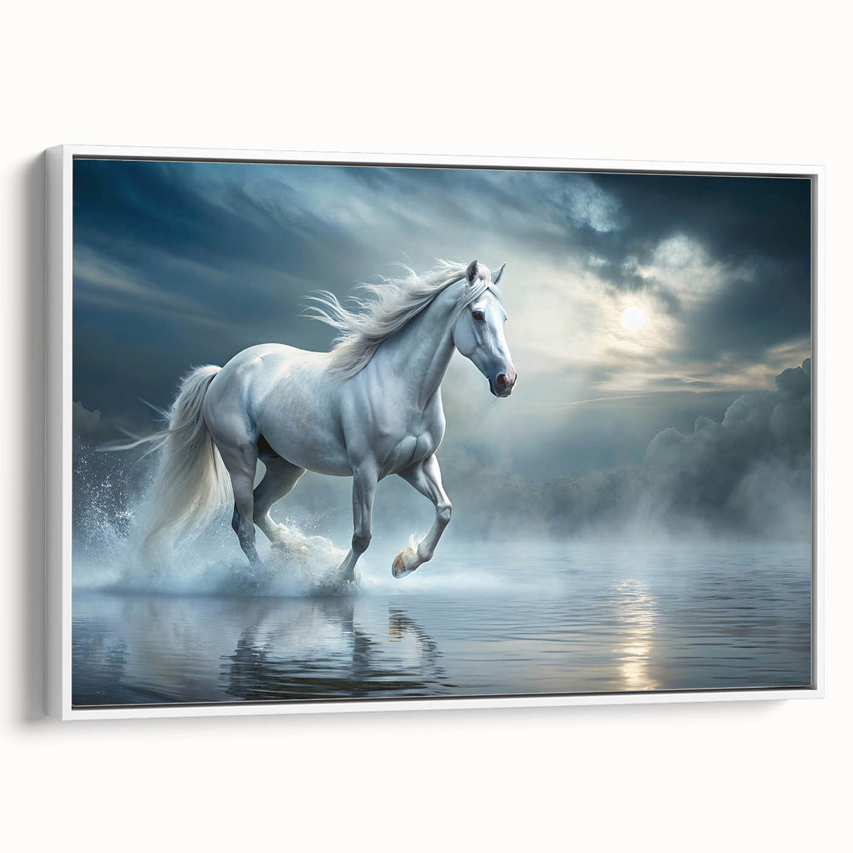 Framed wall art showcasing a side view of a majestic horse in a natural setting, featuring intricate details and vibrant colors. Ideal for animal lovers and home decor enthusiasts.