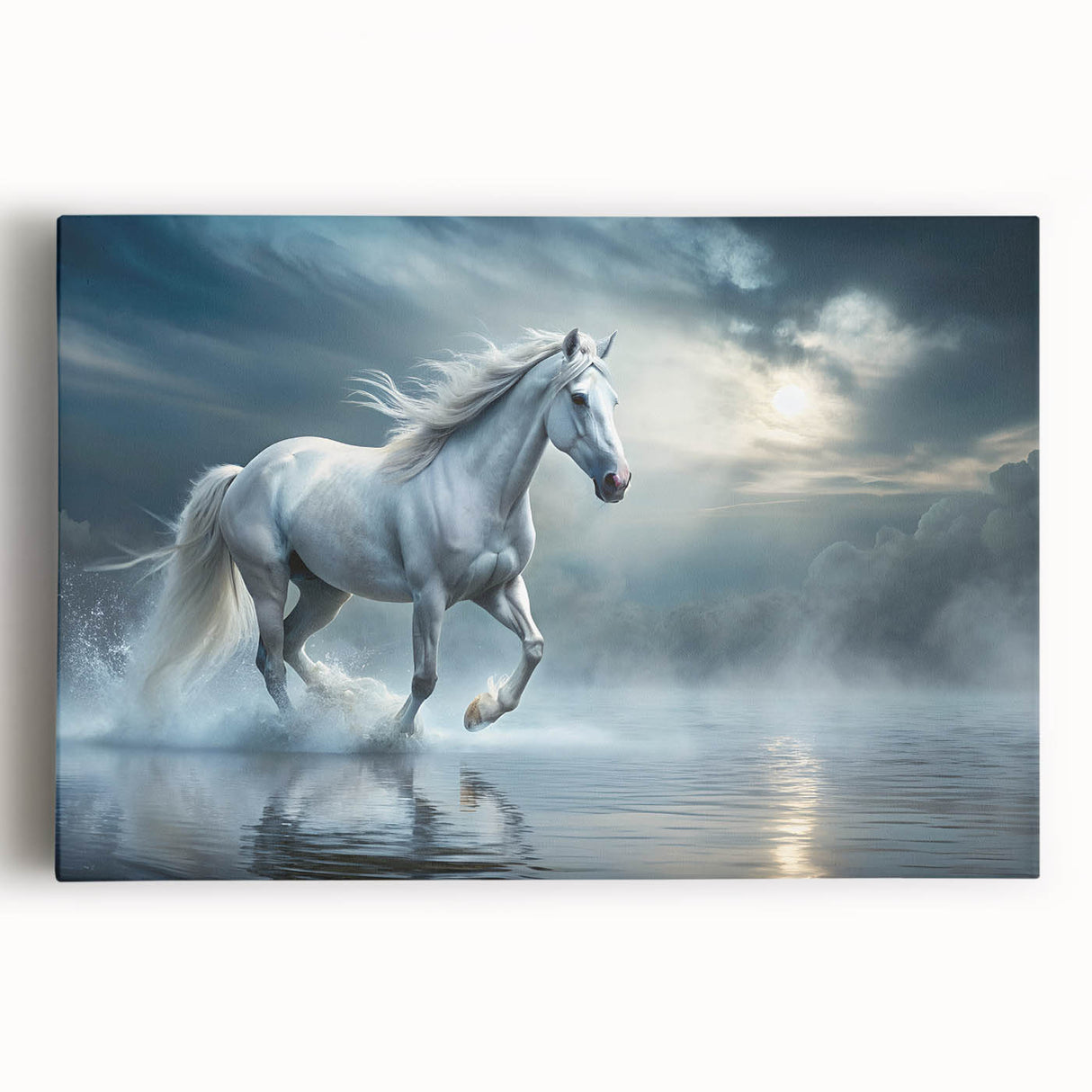 Stretched canvas wall art featuring a detailed front view of a wild horse design, showcasing rich colors and textures, perfect for animal lovers and home decor.