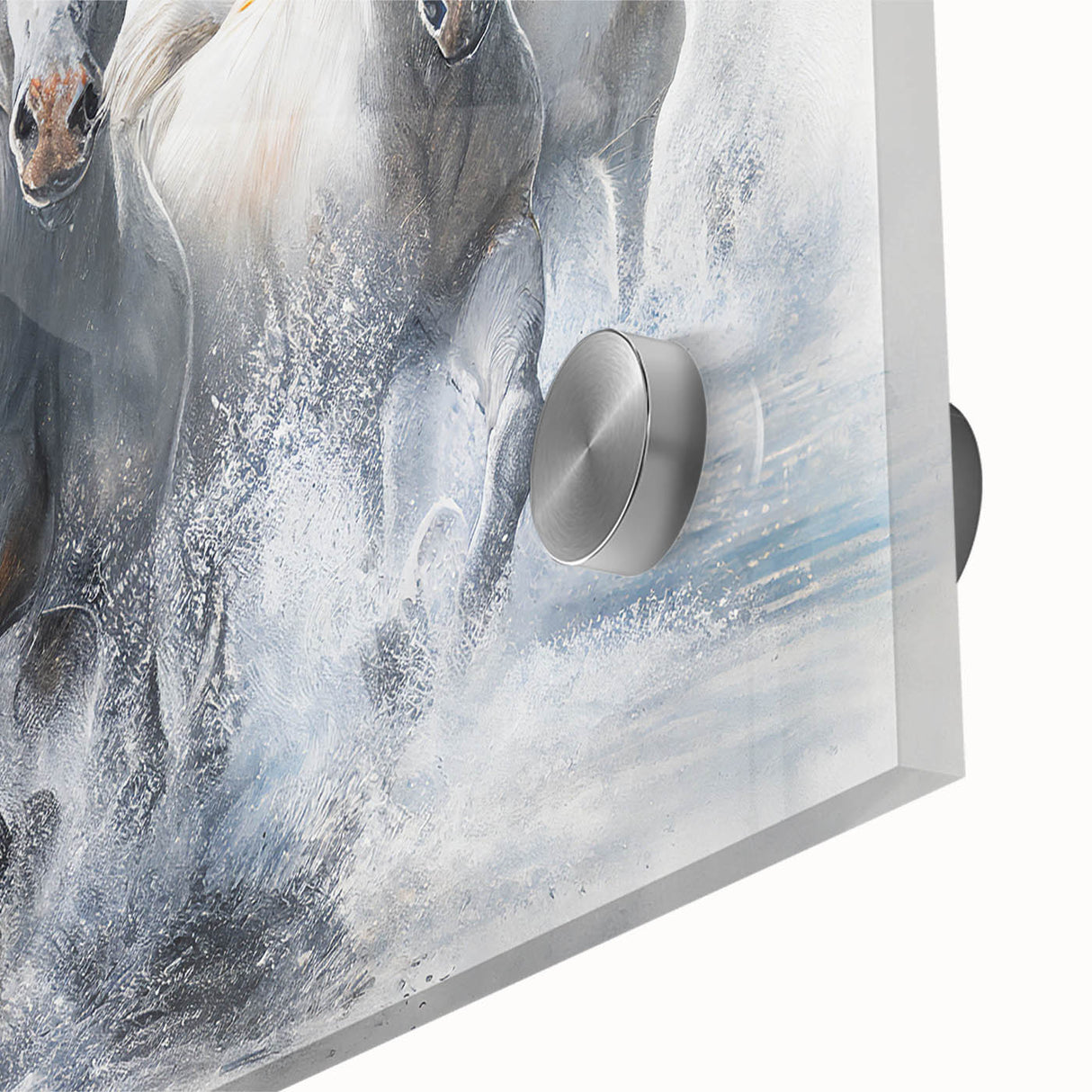 Close-up of a vibrant acrylic glass wall art piece depicting a majestic horse in a natural setting, showcasing intricate details and rich colors, perfect for animal lovers and home decor enthusiasts.