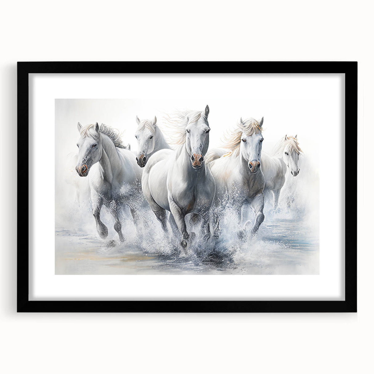 Framed wall art showcasing a stunning horse design, featuring a sleek black frame and mat, perfect for enhancing home decor with a touch of wildlife elegance.