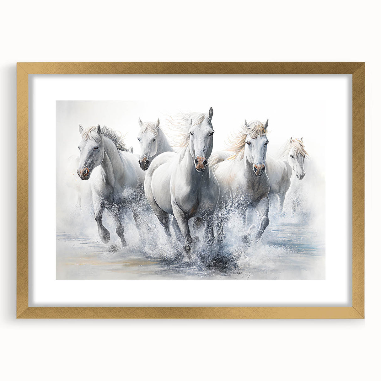 Elegant gold-framed wall art featuring a striking horse design, set against a minimalist mat background, perfect for enhancing any nature-inspired decor.