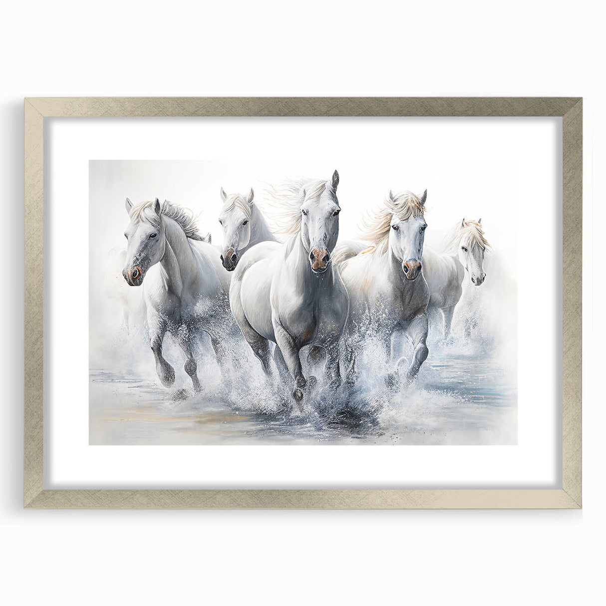 Framed wall art collection showcasing a stunning horse design in silver matting, highlighting intricate details of equine beauty against a neutral background. Perfect for animal lovers and home decor enthusiasts.