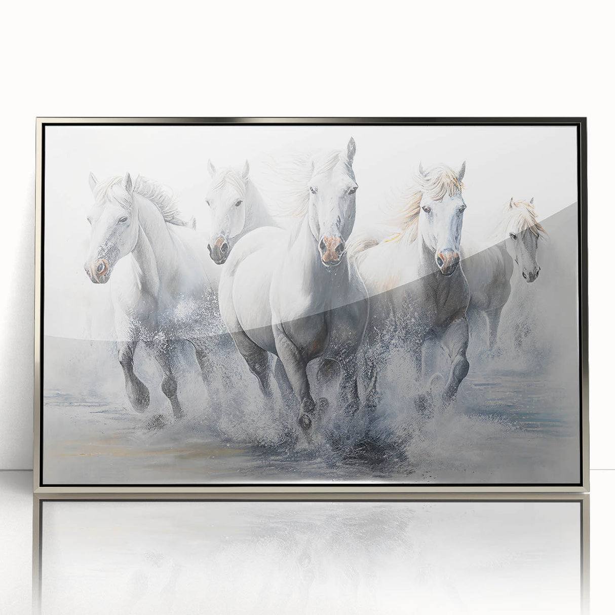 Framed wall art featuring a striking silver-accented horse design, beautifully displayed in front view, ideal for equestrian-themed home decor.