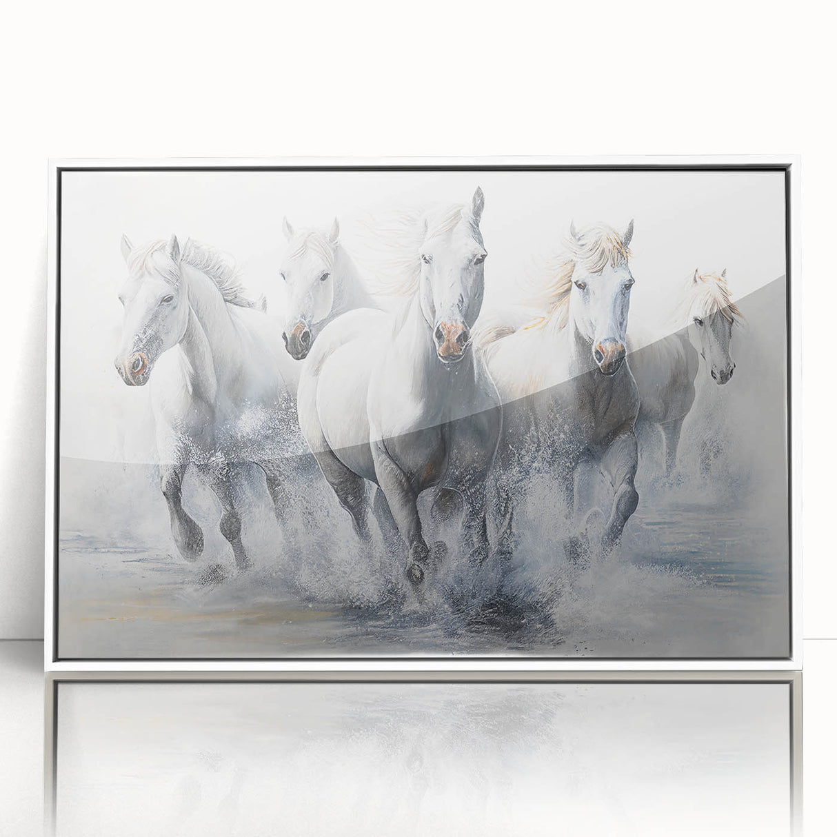 Framed wall art featuring a wild horse design in a sleek white frame, showcasing vibrant colors and intricate details, perfect for enhancing any living space.