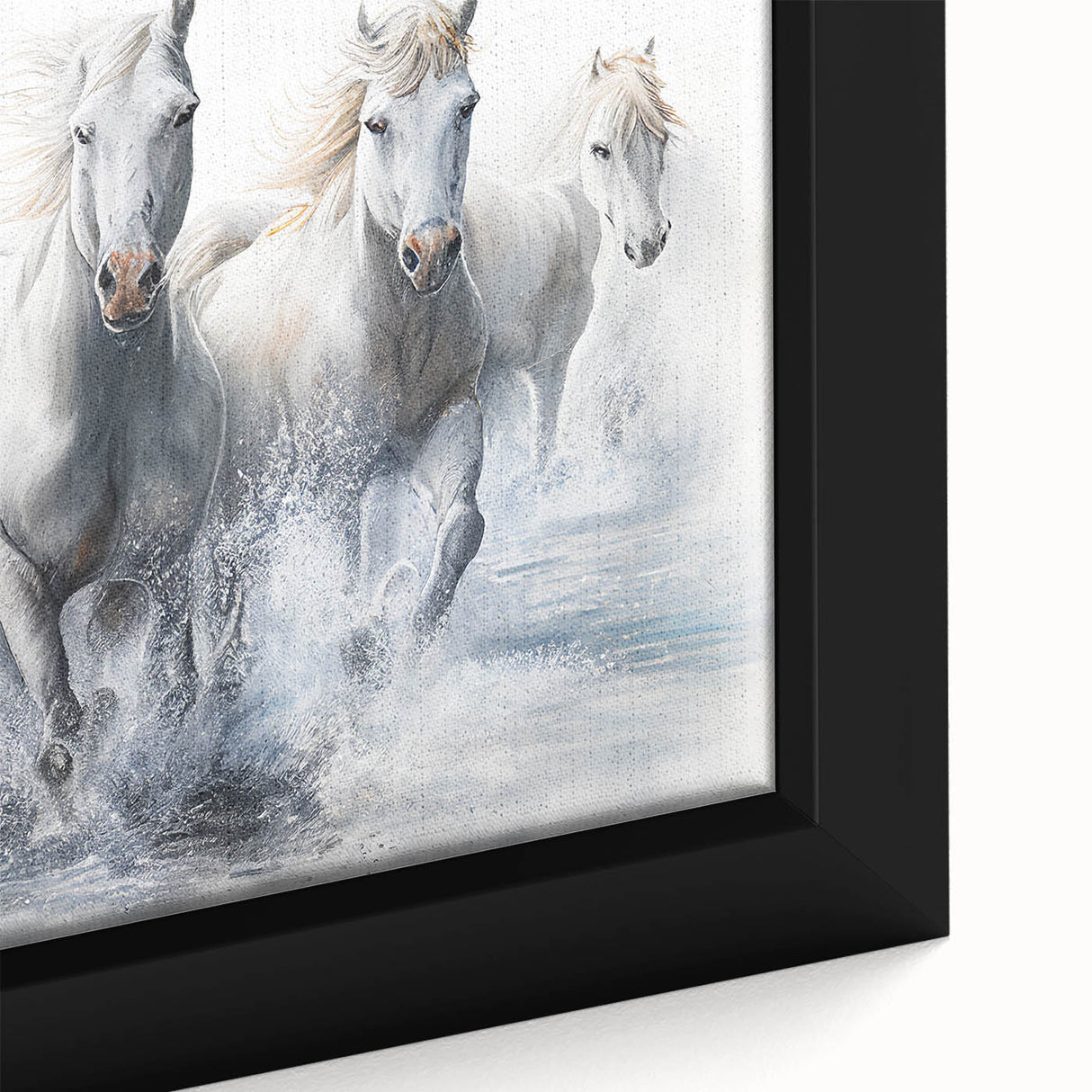 Close-up of a framed canvas wall art featuring a majestic wild horse in a vibrant natural setting, showcasing rich colors and intricate details, perfect for equine lovers.