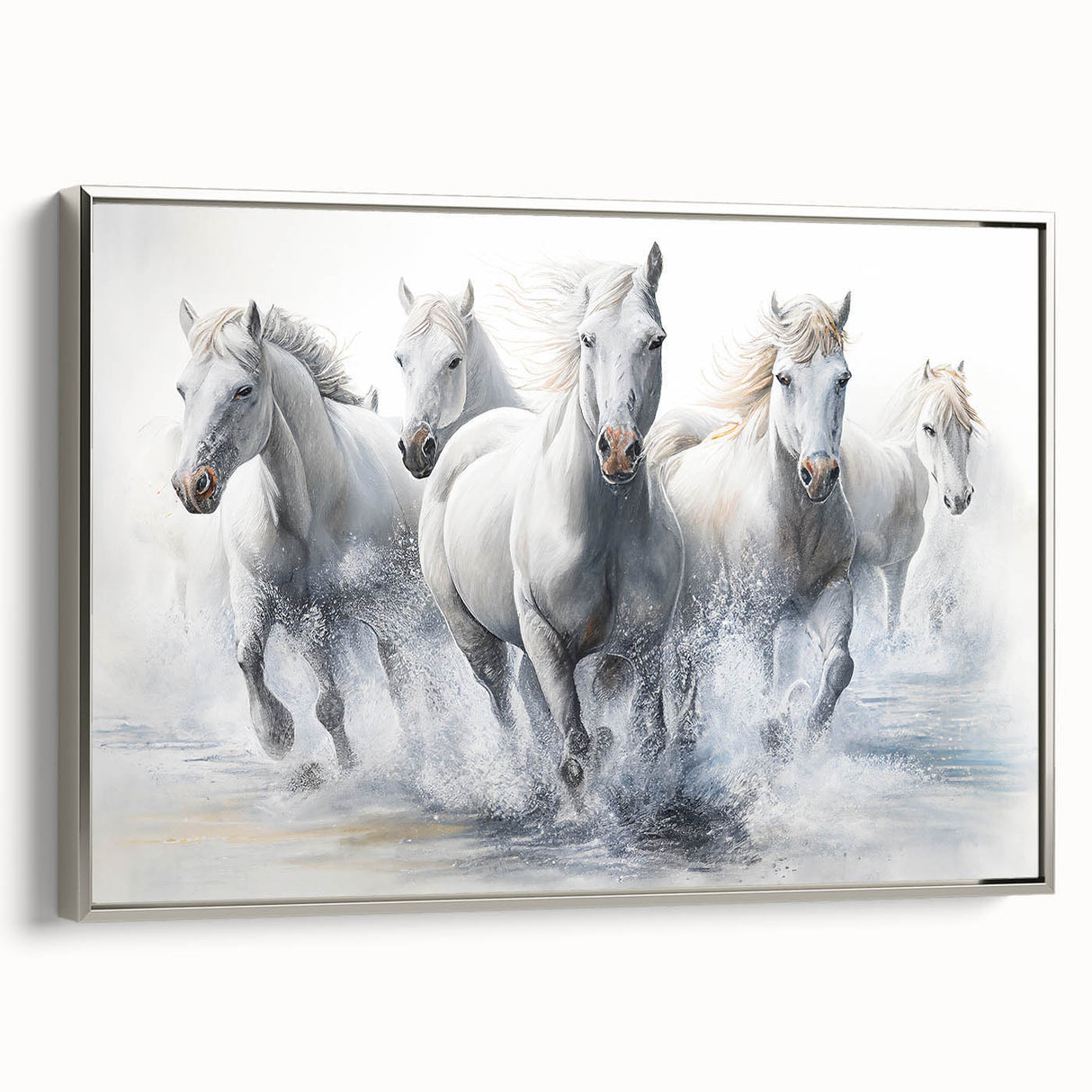 Framed canvas wall art showcasing a silver side view of a majestic horse design, ideal for animal lovers and modern decor enthusiasts. Perfect for enhancing living spaces.