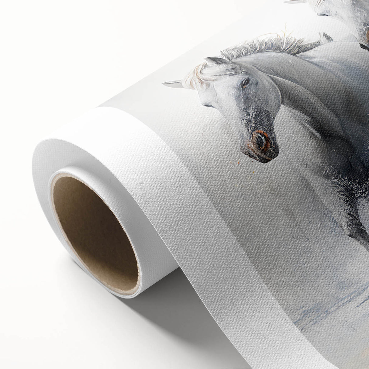 Elegant rolled canvas artwork showcasing a detailed horse design, featuring vibrant colors and intricate patterns, perfect for wildlife enthusiasts and home decor.