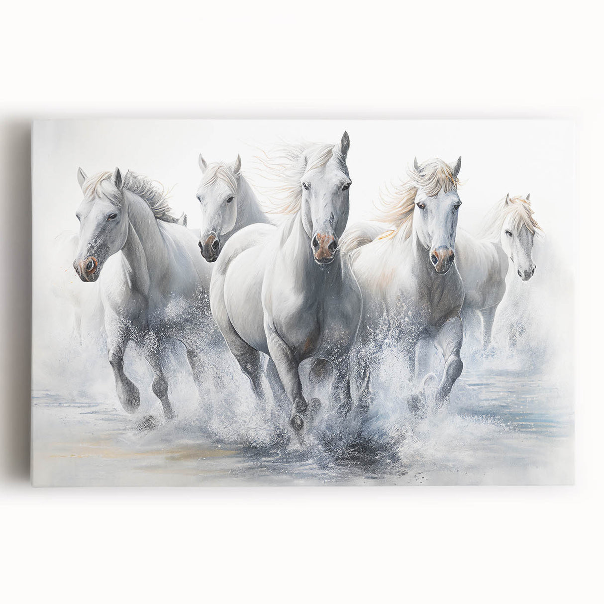 A vibrant stretched canvas wall art featuring a majestic horse design in a wild landscape, showcasing rich colors and intricate details, perfect for equine enthusiasts.