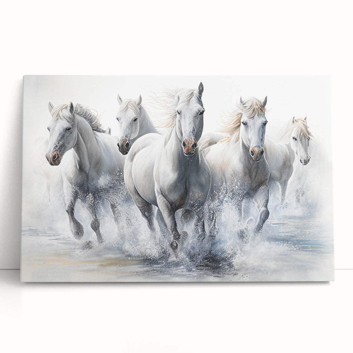 Stretched canvas artwork showcasing a majestic horse design, leaning against a rustic wooden wall, ideal for equine enthusiasts and home decor.