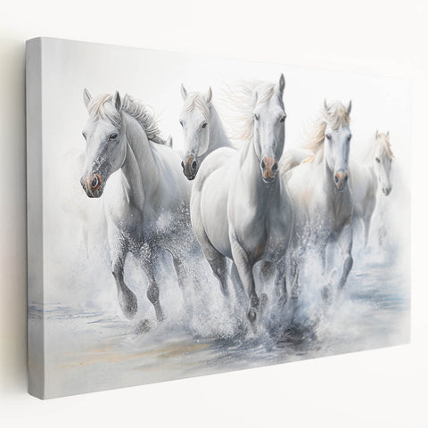 Stretched canvas wall art showcasing a stunning side view of a majestic horse in a natural setting, perfect for animal lovers and home decor enthusiasts.