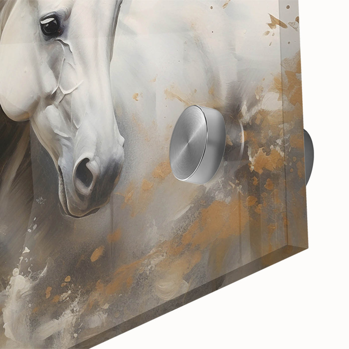 Close-up of a stunning acrylic glass artwork featuring a majestic wild horse, showcasing intricate details and vibrant colors, perfect for animal lovers and modern decor. This unique wall art adds an elegant touch to any living space.