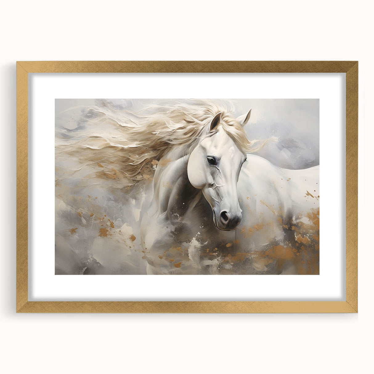 Front view of a framed wall art collection featuring a wild horse design with a gold frame and matting, perfect for animal lovers and home decor enthusiasts.
