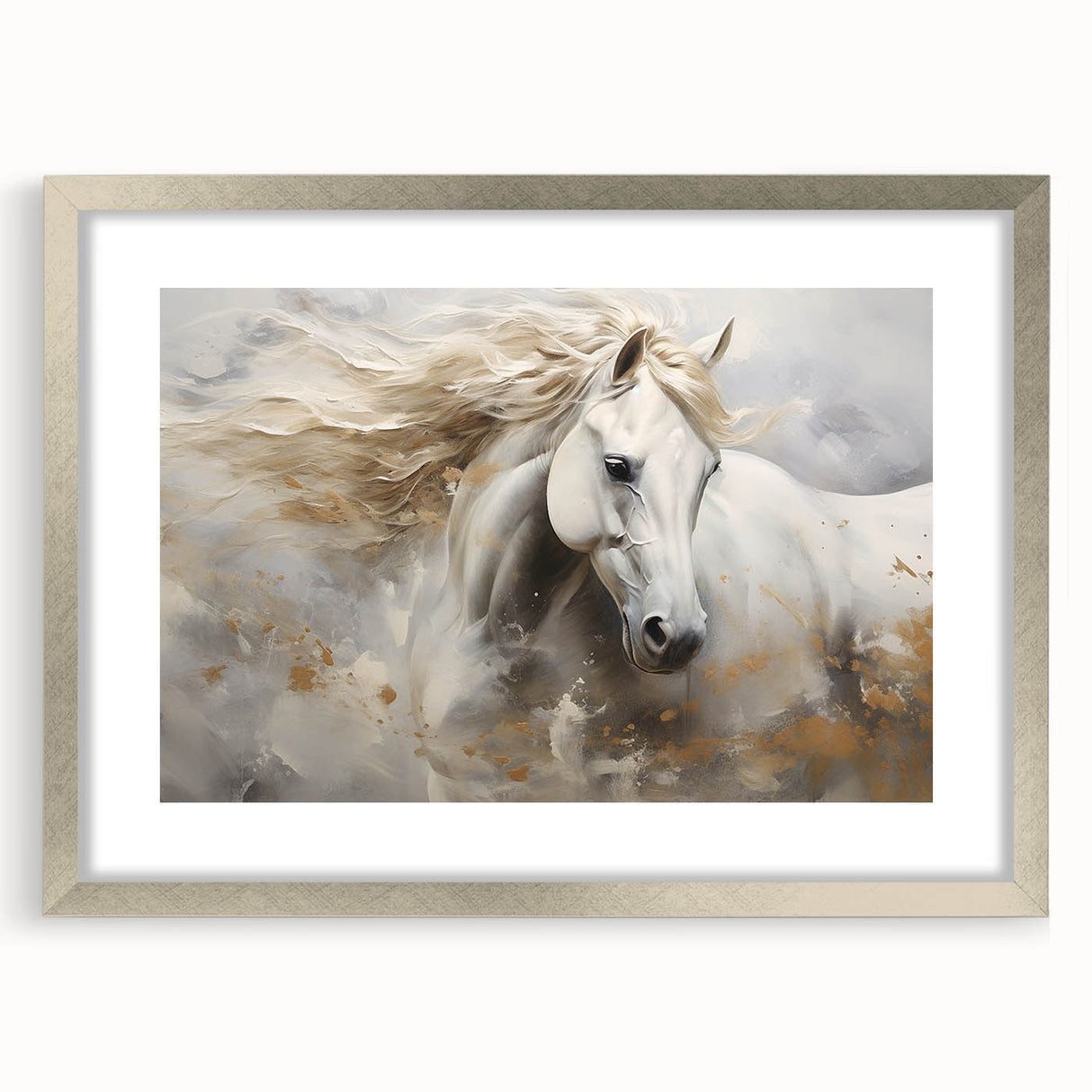 Framed wall art featuring a silver-matted design of a majestic horse, displaying intricate details and a modern aesthetic, perfect for equine enthusiasts and home decor.