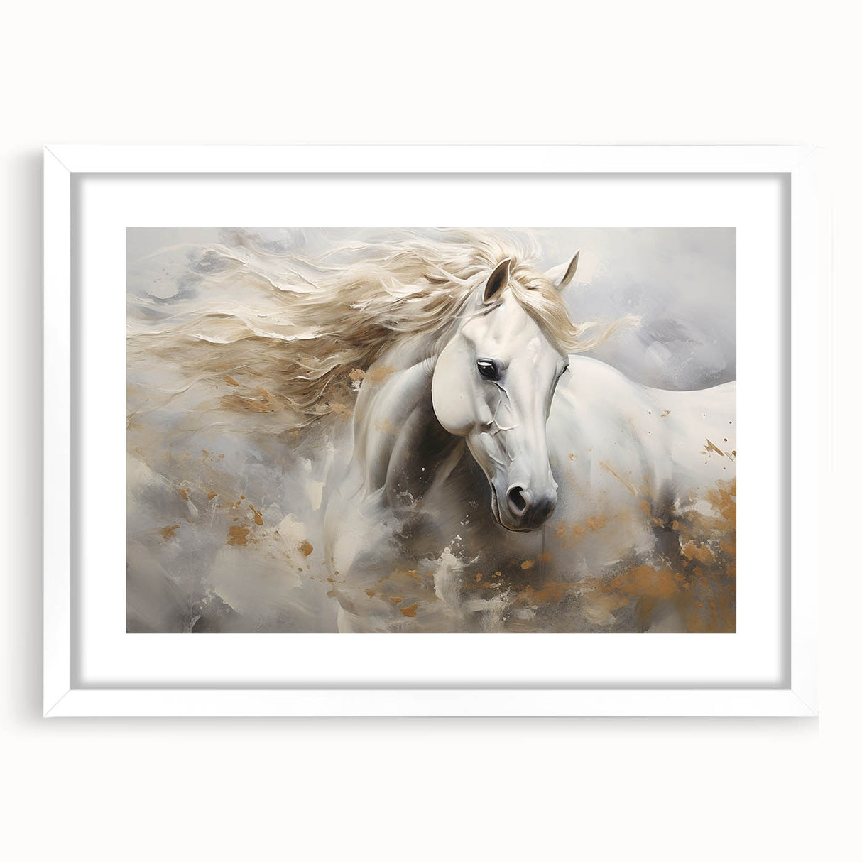 Front view of a framed wall art collection featuring a striking horse design with a white mat, ideal for animal lovers and home decor enthusiasts. Perfect for enhancing any living space with a touch of wildlife elegance.
