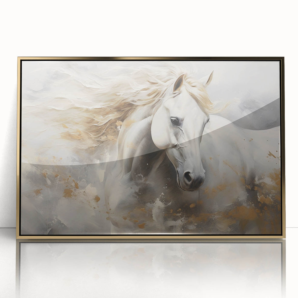 Framed wall art featuring a stunning horse design in acrylic with a gold frame, showcasing intricate details and vibrant colors, perfect for animal lovers and home decor enthusiasts.