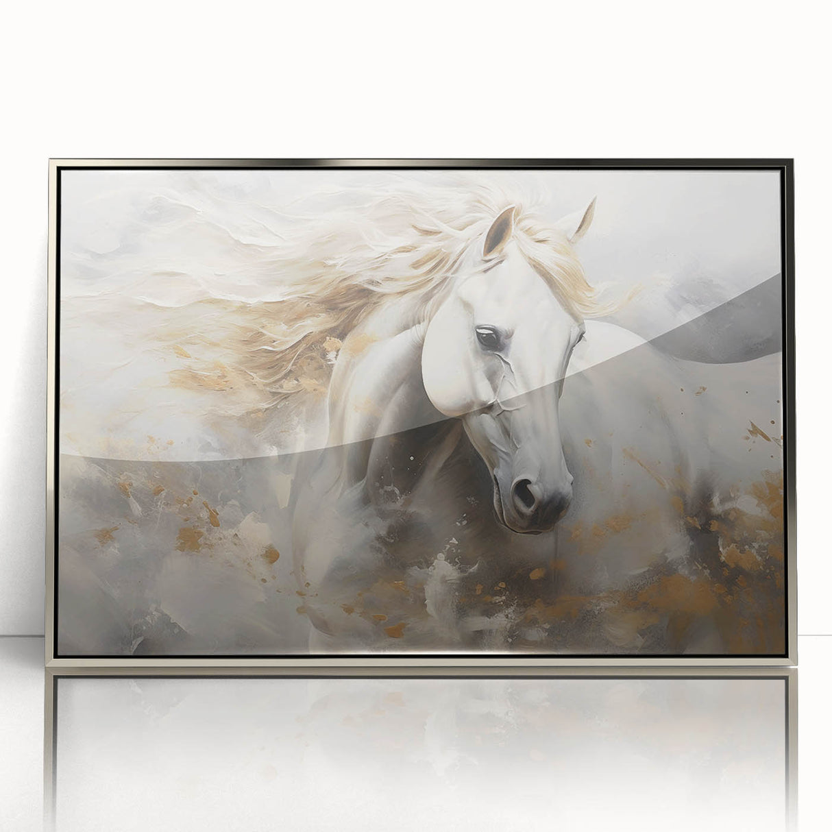 Framed acrylic wall art showcasing a stunning horse design in silver tones, perfect for enhancing modern decor. Ideal for animal lovers and art enthusiasts.