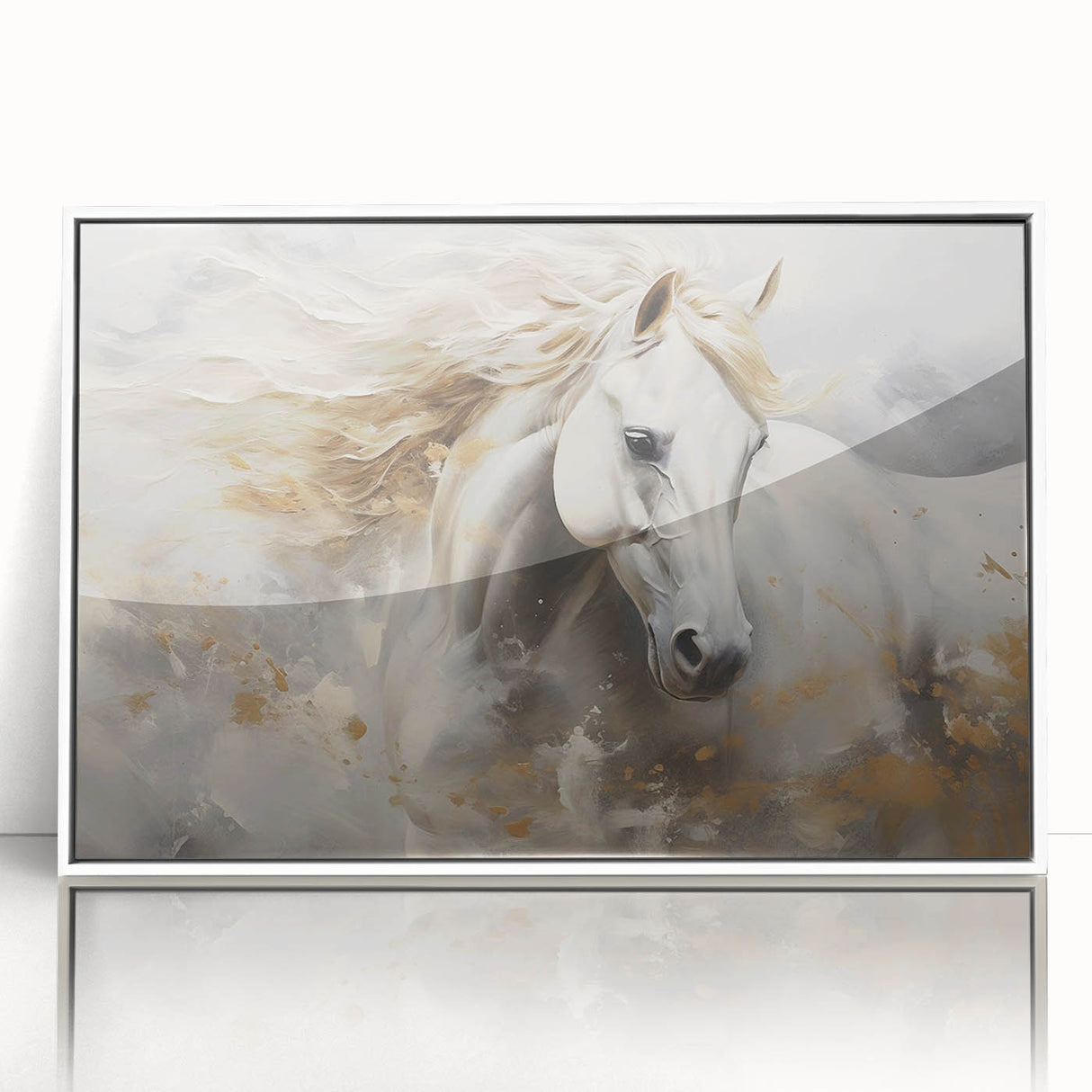 Framed wall art featuring a stunning horse design in a white frame, showcasing vibrant colors and intricate details, perfect for animal lovers and home decor enthusiasts.