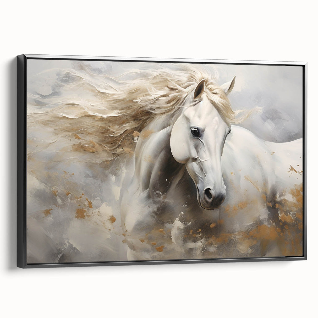 Framed canvas wall art showcasing a striking side view of a wild horse design, featuring detailed textures and a sleek black frame, perfect for animal lovers and home decor enthusiasts.