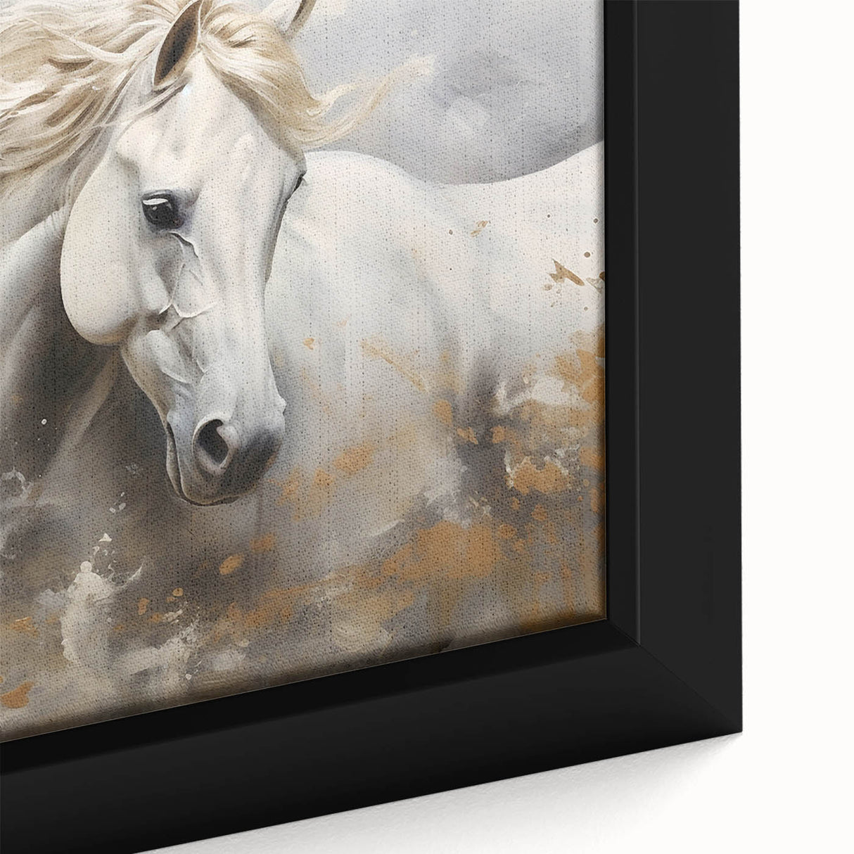 Close-up view of a beautiful framed canvas wall art featuring a majestic wild horse design, showcasing intricate details and vibrant colors, perfect for animal lovers.