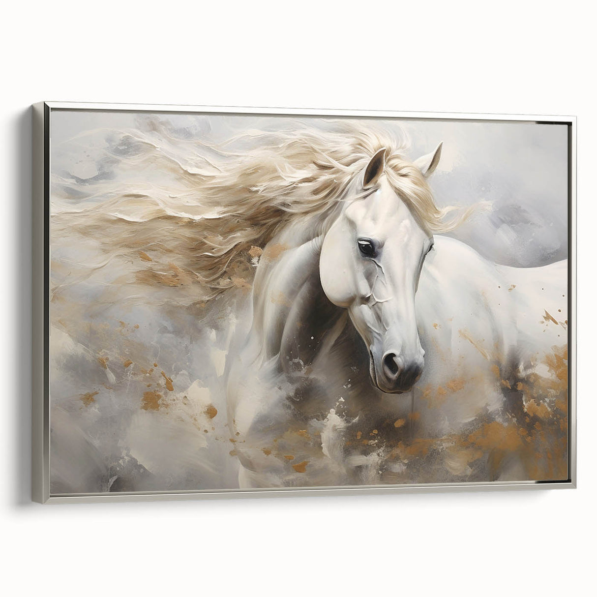 Framed canvas wall art showcasing a striking silver side view of a majestic horse, designed for wildlife enthusiasts, perfect for home decor and animal lovers.