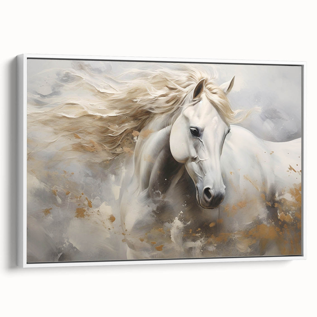 Framed wall art showcasing a minimalist horse design on canvas, featuring a white background and elegant black line work, perfect for modern decor.
