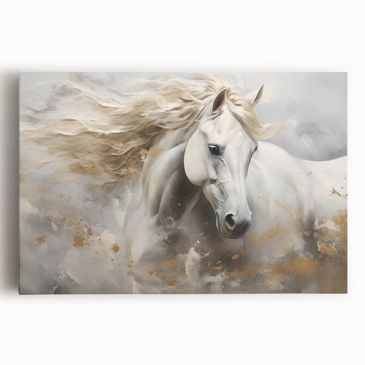 Stretched canvas wall art showcasing a vibrant horse design in a wild landscape, perfect for animal lovers and modern decor enthusiasts, enhancing any room’s aesthetic.