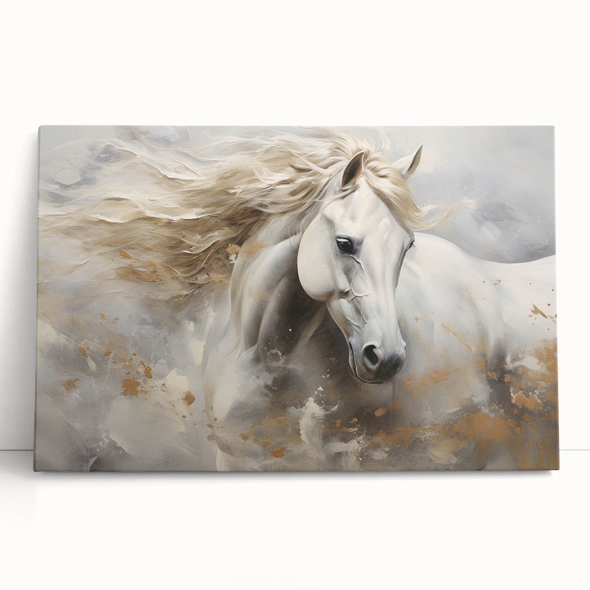Stretched canvas wall art depicting a majestic wild horse in natural colors, designed to enhance rustic decor, perfect for animal lovers and nature enthusiasts.