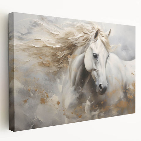 Stretched canvas wall art depicting a serene horse design in a natural setting, showcasing warm earth tones and dynamic brushstrokes, perfect for animal lovers.