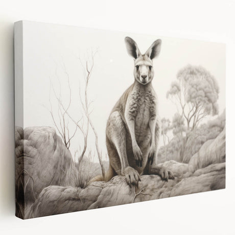 Stretched canvas wall art featuring a side view of a kangaroo design from the 'Animals - A Wild Life' collection, showcasing vibrant colors and intricate details for an engaging decor piece.