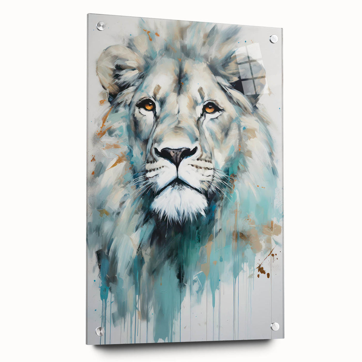 Side view of a contemporary lion wall art piece made from acrylic glass, showcasing vibrant colors and intricate details, ideal for wildlife decor enthusiasts.