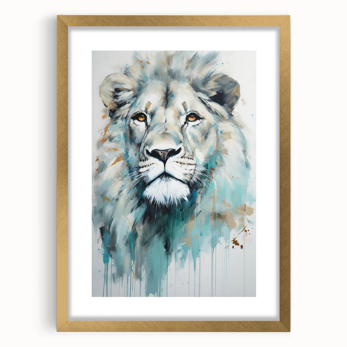 Framed wall art showcasing a majestic lion design with intricate details, set against a gold mat, perfect for enhancing home decor with a wild aesthetic.